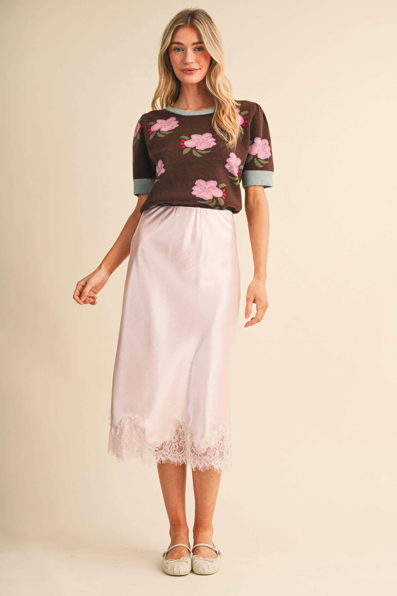Ballerina Pink Satin Midi Slip Skirt with Lace Hem
