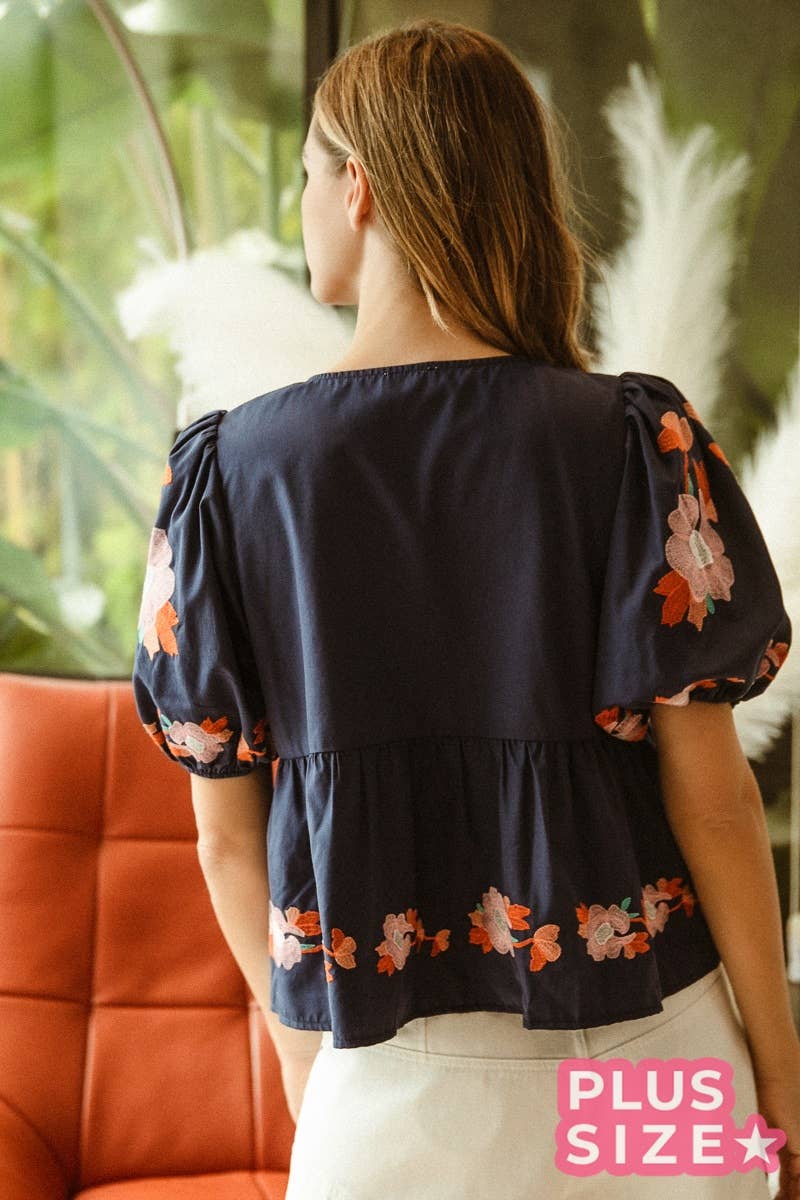 BOW RIBBON DETAILED PUFF SLEEVE TOP WITH EMBROIDERY