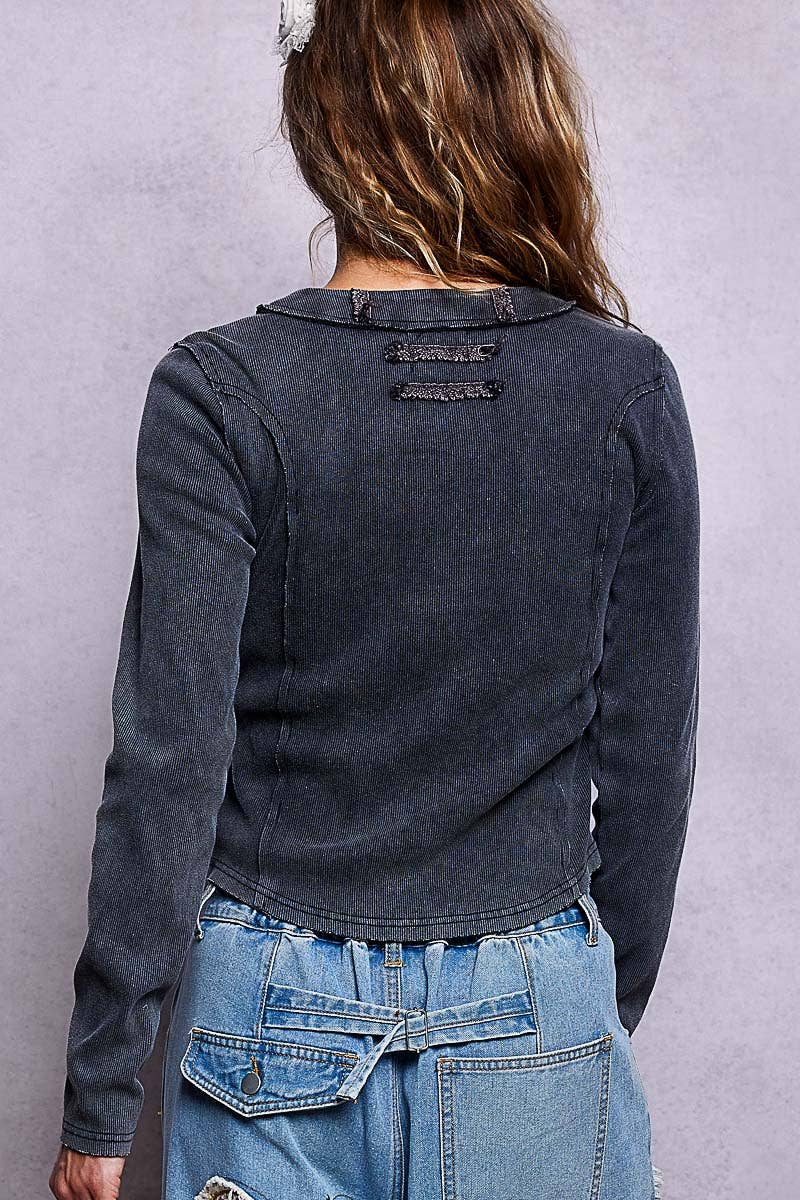 Vintage-Inspired Wash Button-Front Placket Ribbed Knit Top