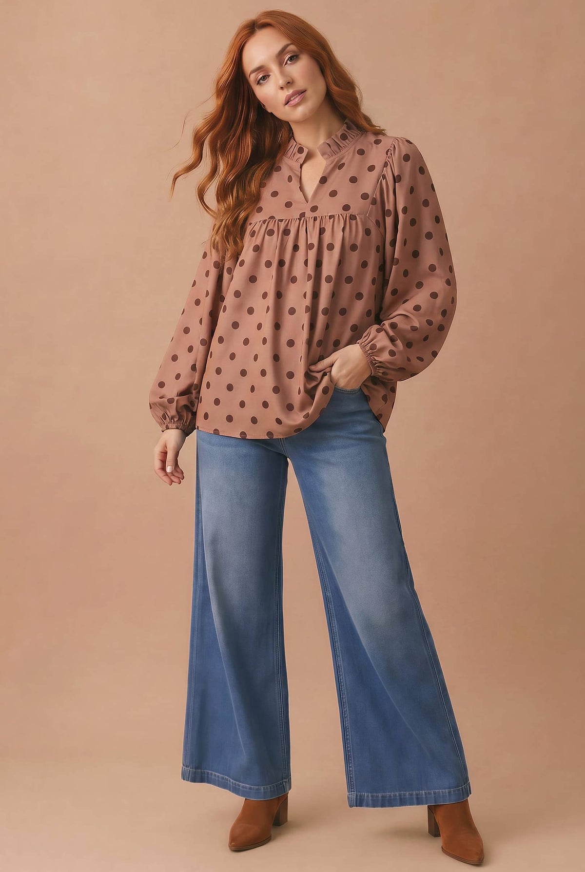 Polka Dot Bubble Sleeve Woven Blouse