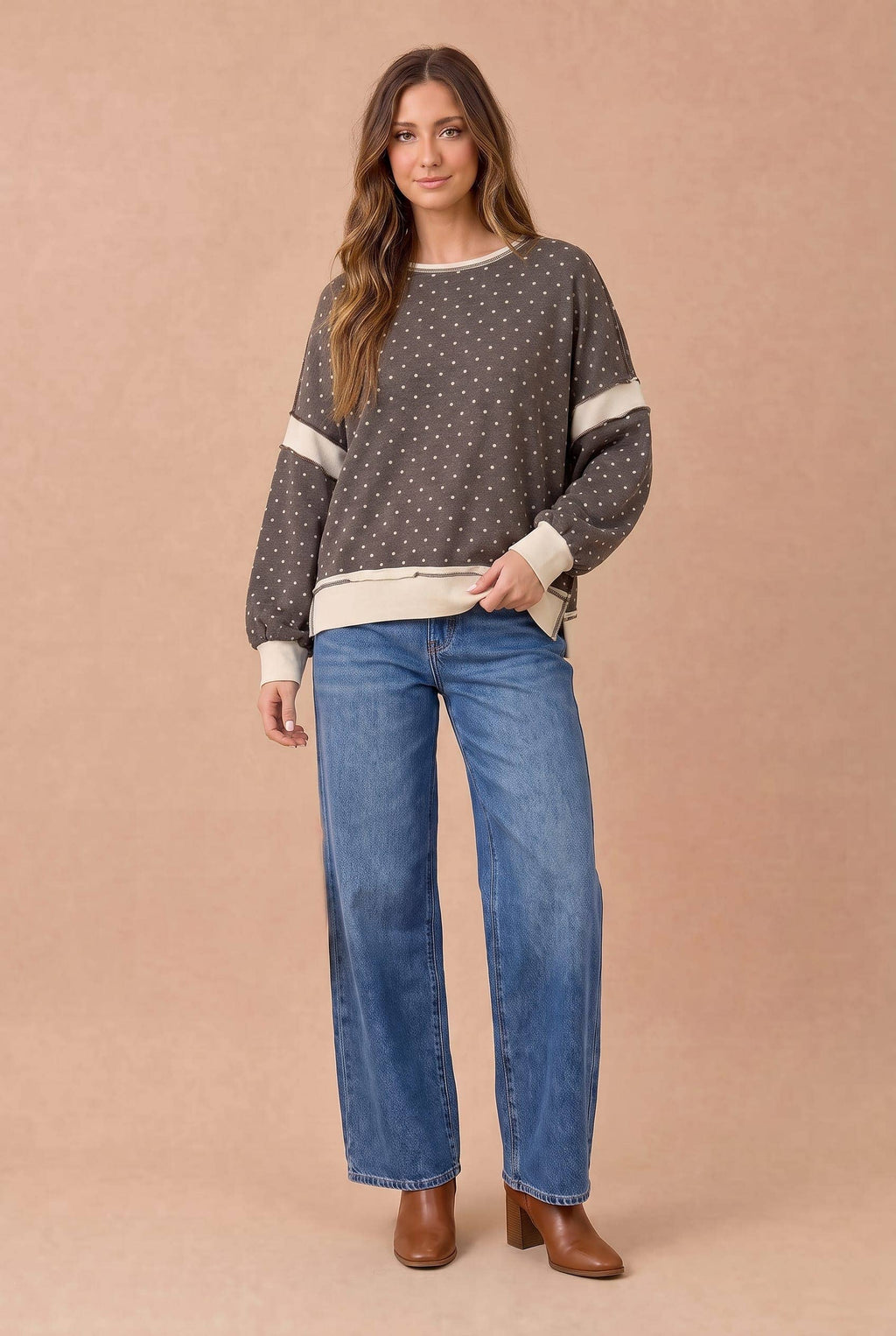 Plus Polka Dot Colorblock Cutout Back Pullover