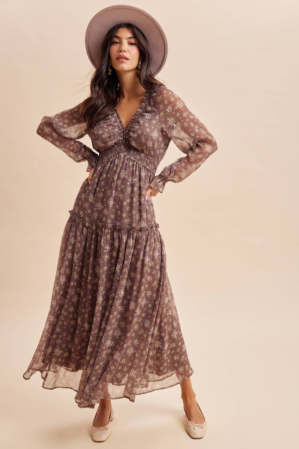 Chestnut Floral Maxi Dress with Smocking Detail