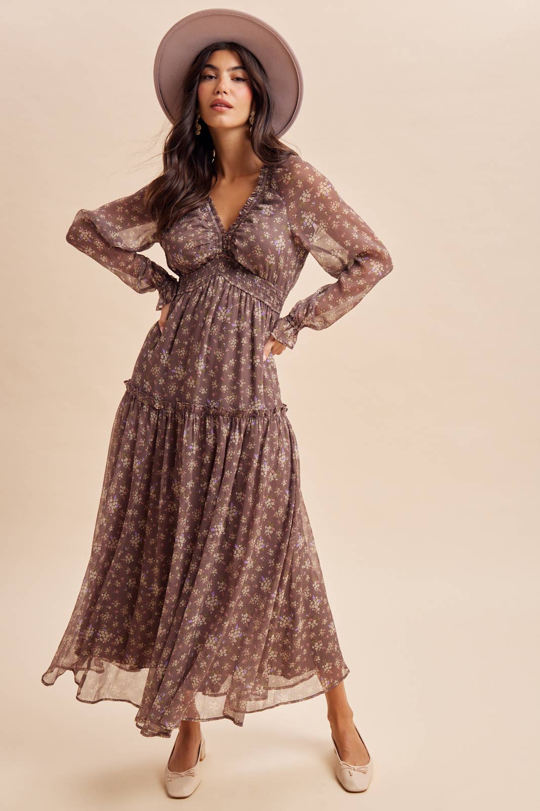 Chestnut Floral Maxi Dress with Smocking Detail