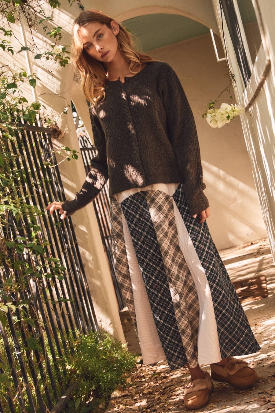 Patchwork Plaid Paneled Midi Skirt