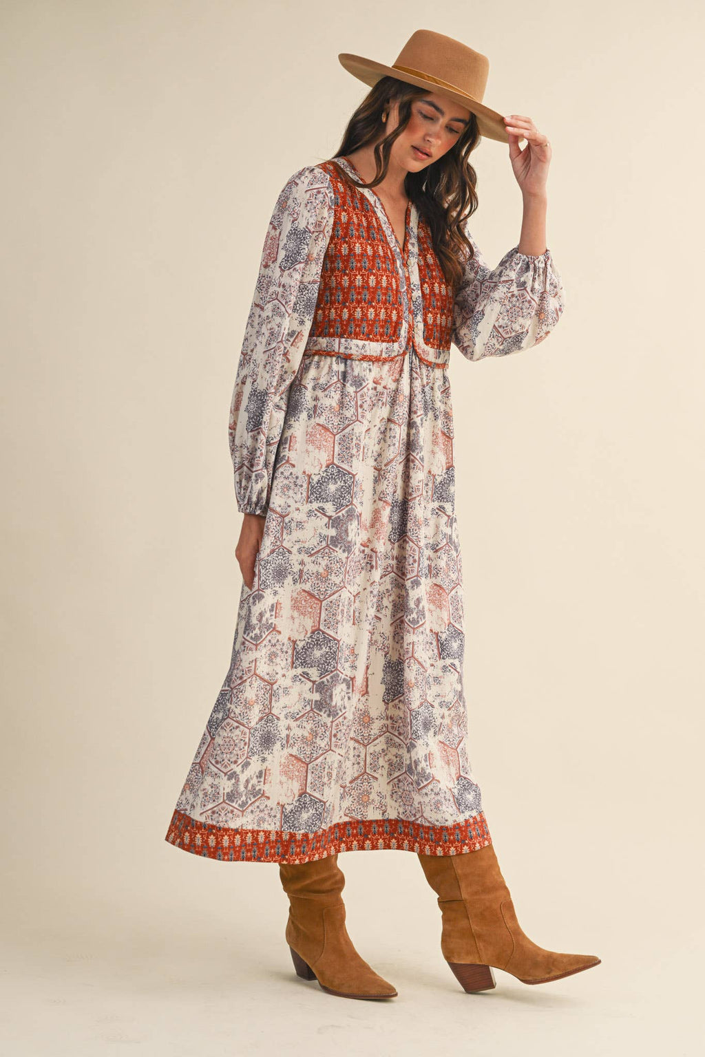 Mustard/Blue Quilted Vest Midi Length Dress