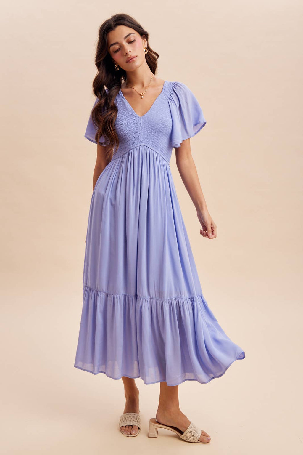 Blue Aura Modal Smocked Dress with Flowy Sleeves