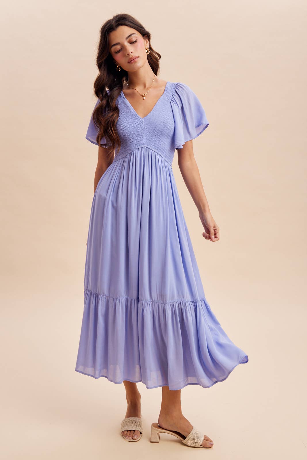 Blue Aura Modal Smocked Dress with Flowy Sleeves