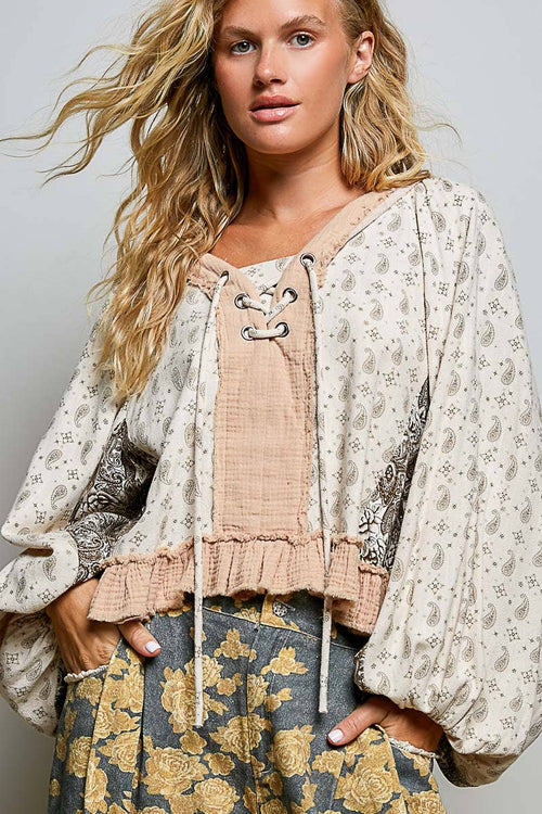 Beige/Peach Multi Color V Neck Balloon Sleeve Top