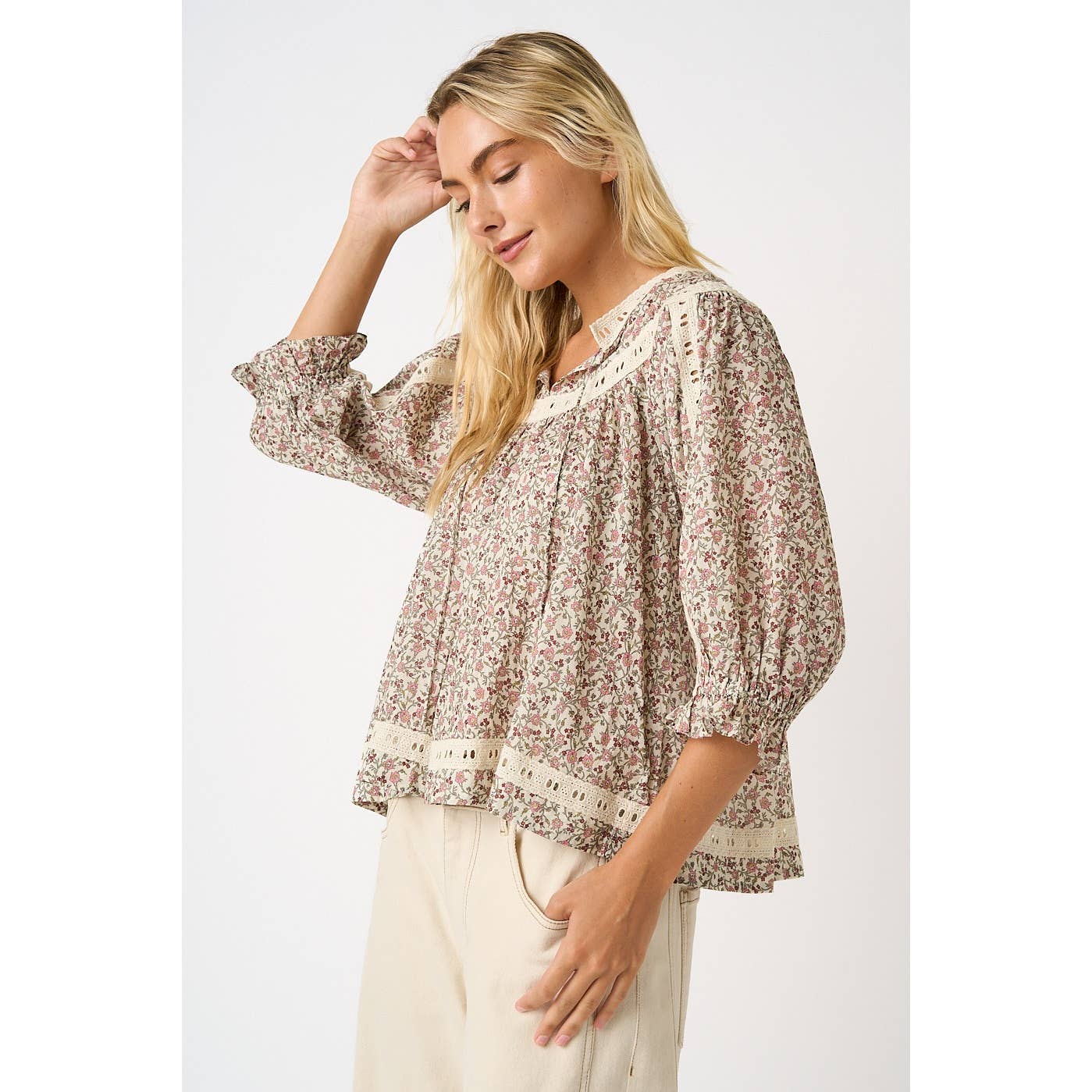 Ivory/Rose Floral Peasant Top with Lace Trim