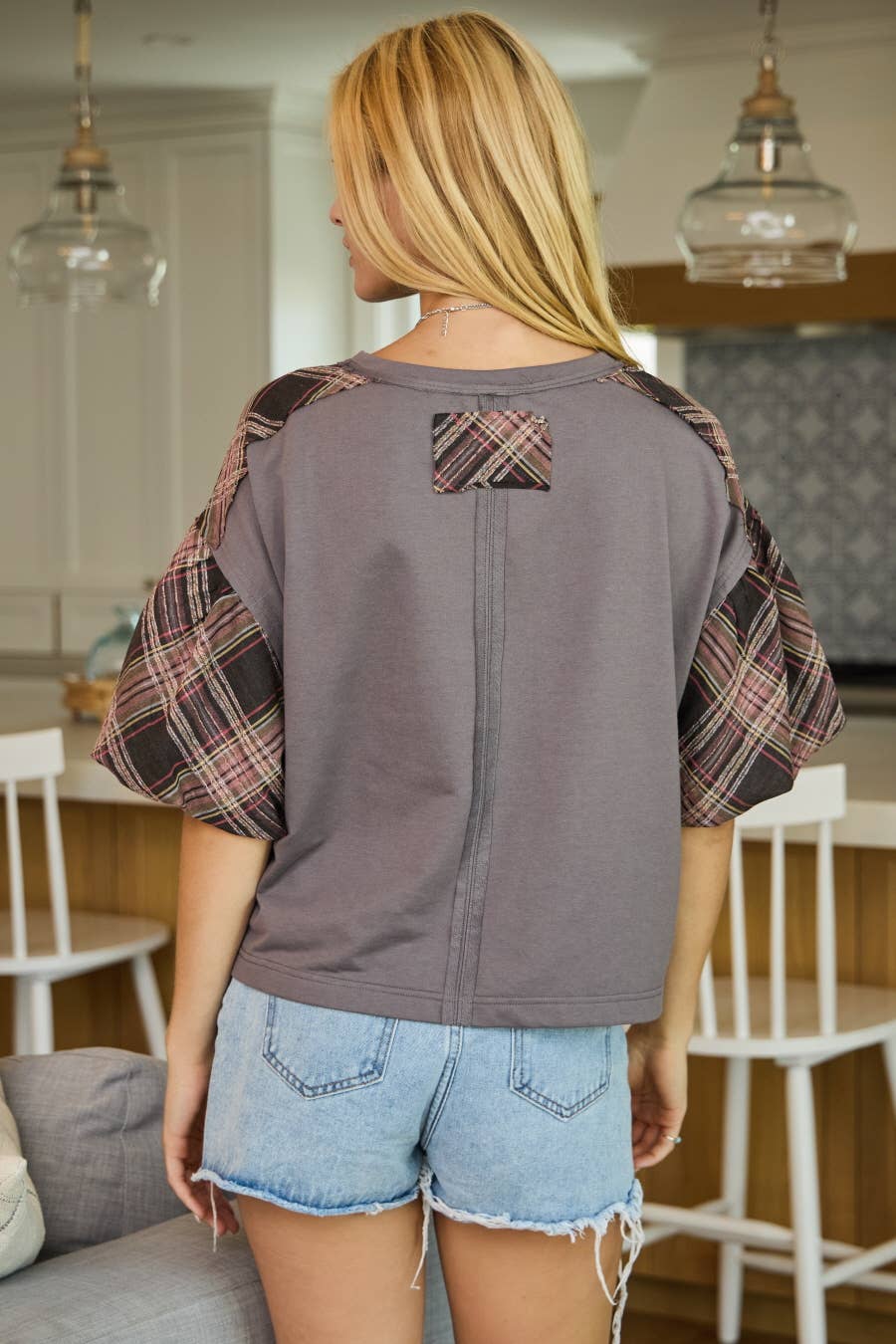 Plus Print Mixed Fabric French Terry Top
