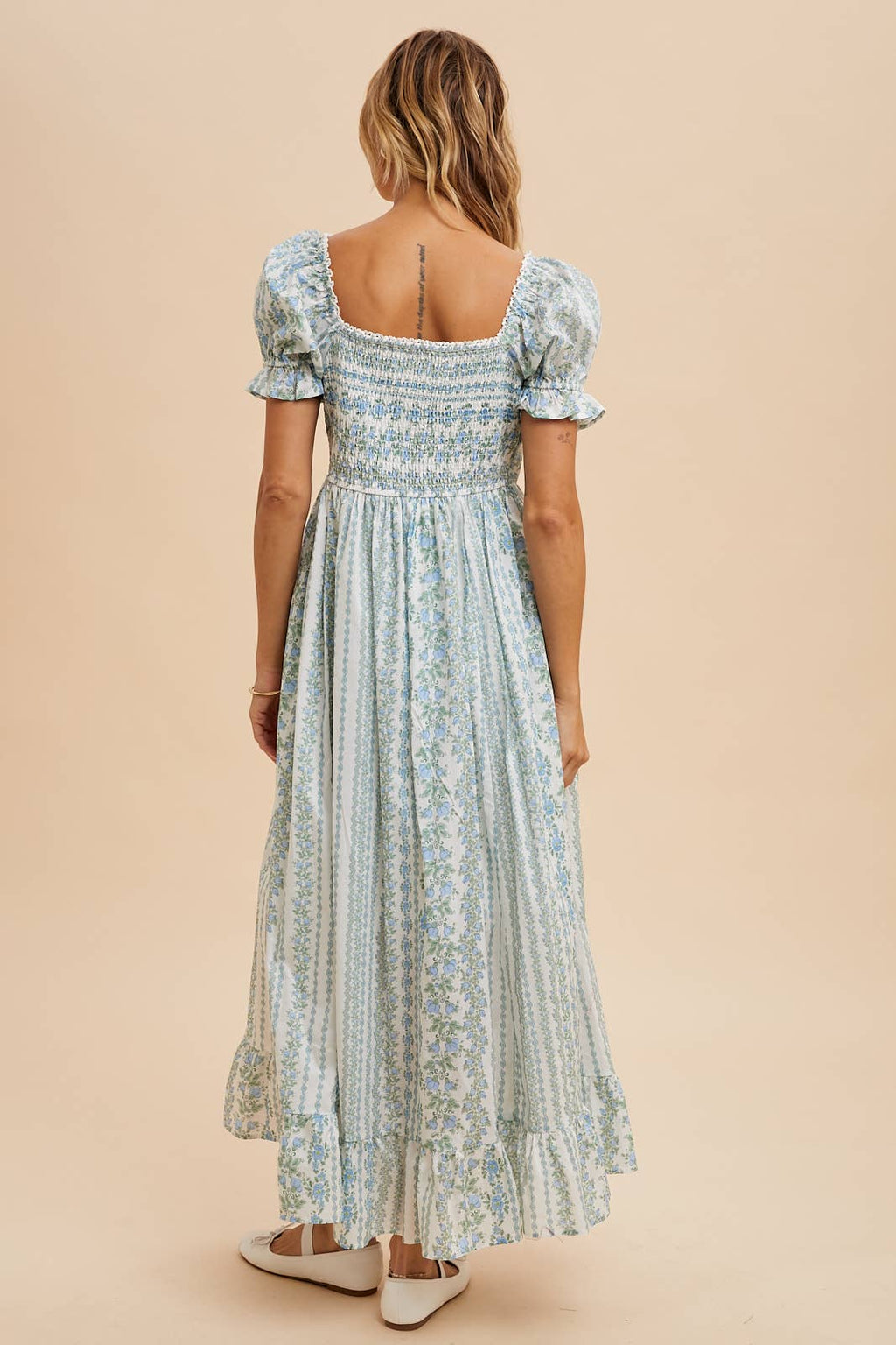 Ivory/Peach Floral Square Neck Maxi Dress with Puff Print Sleeves