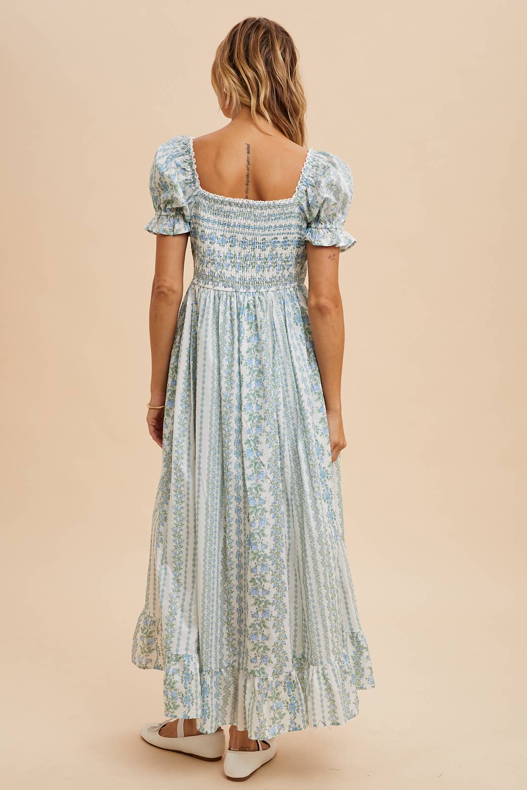 Ivory/Peach Floral Square Neck Maxi Dress with Puff Print Sleeves