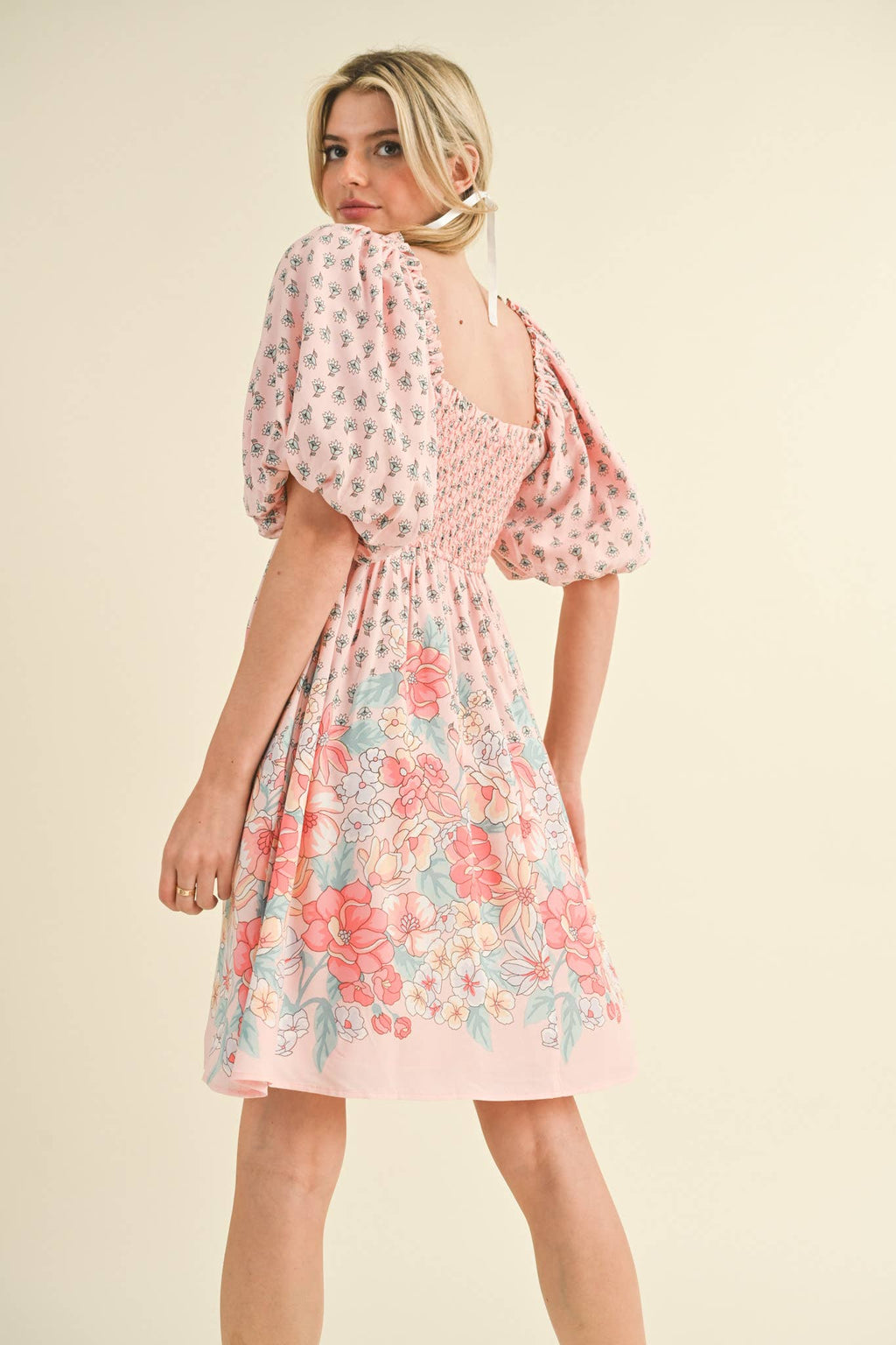 Pink/Peach Floral Smocked Knee Length Dress with Puff Sleeves