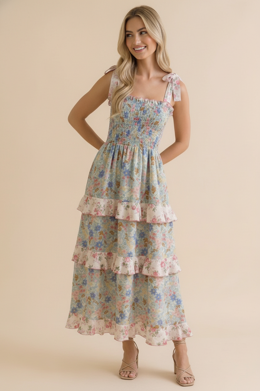 Plus Smocking Tube Color Block Floral Maxi Dress