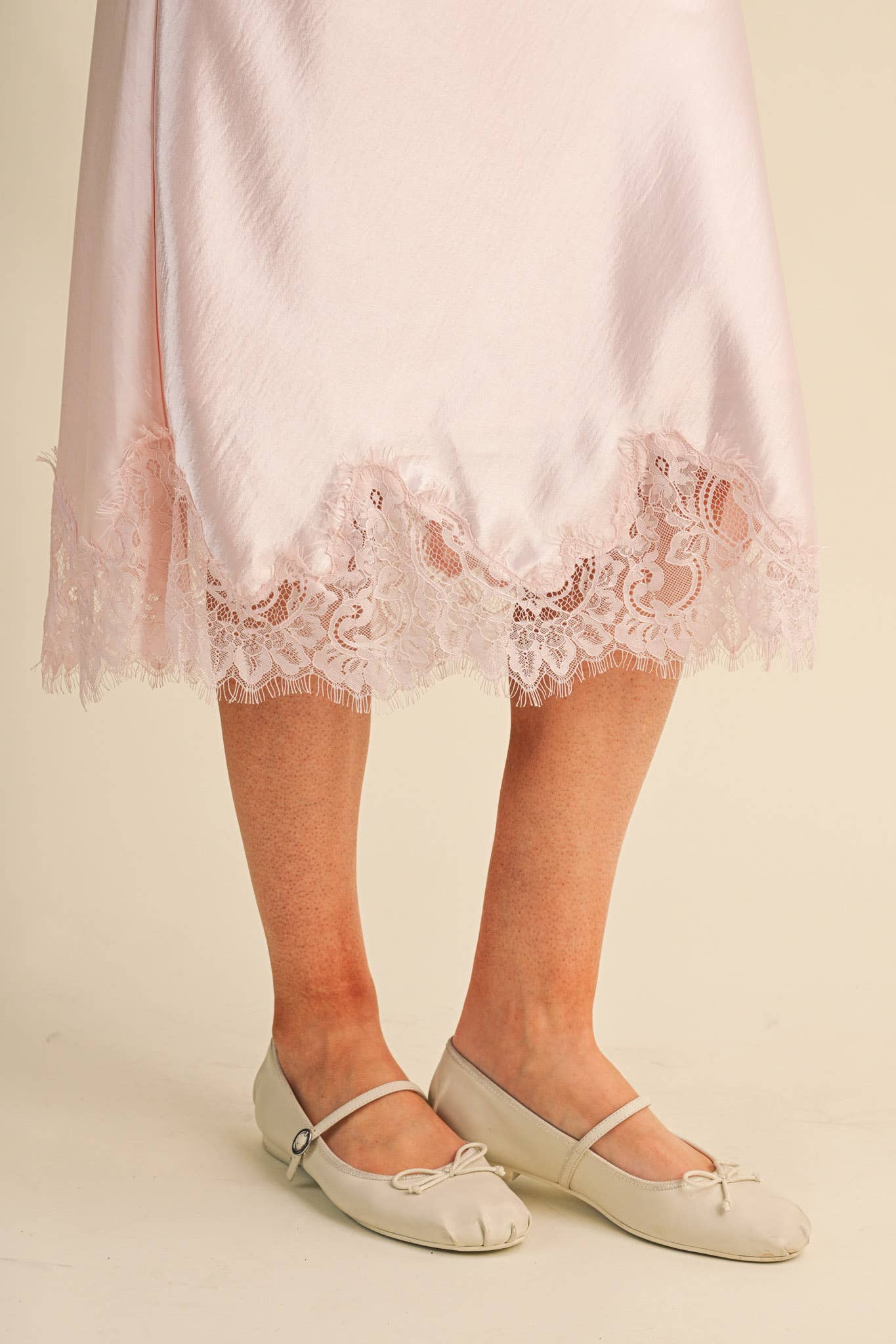 Ballerina Pink Satin Midi Slip Skirt with Lace Hem