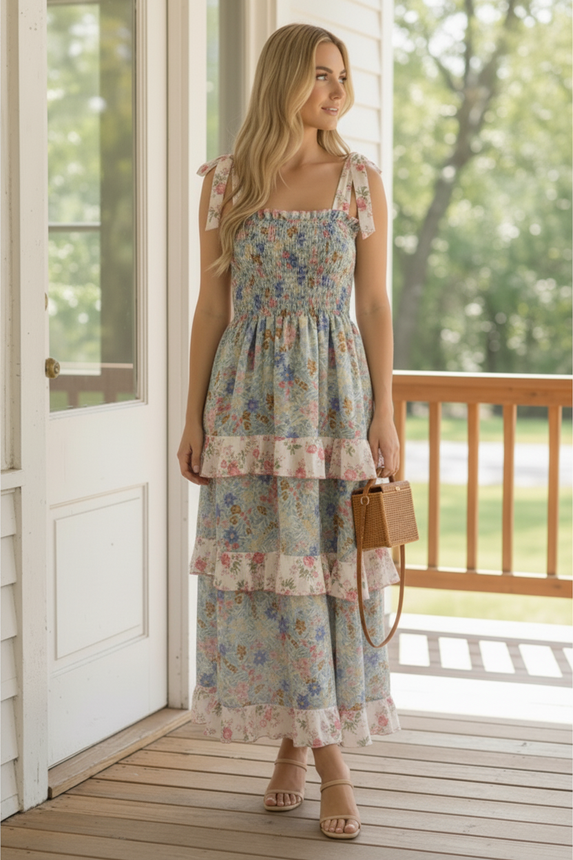 Plus Smocking Tube Color Block Floral Maxi Dress