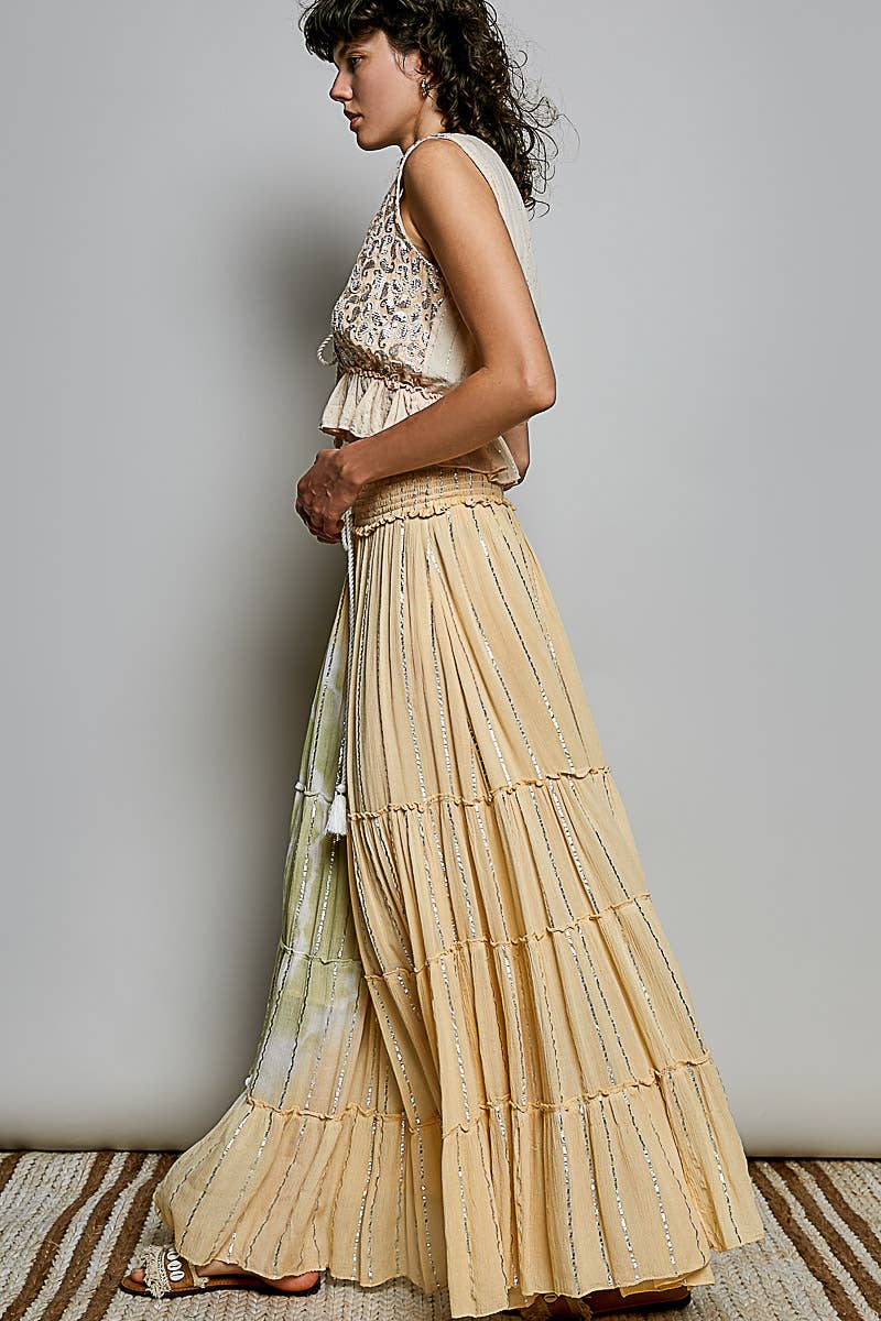 Coral/Olive Smocked Waist Tassel Tie Tiered Maxi Skirt
