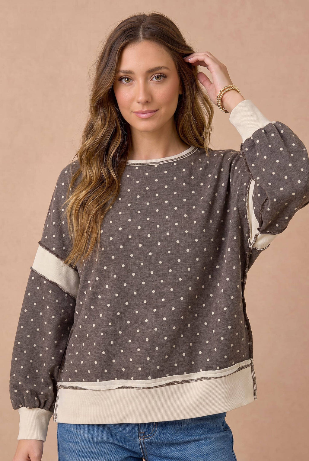 Polka Dot Colorblock Cutout Back Pullover