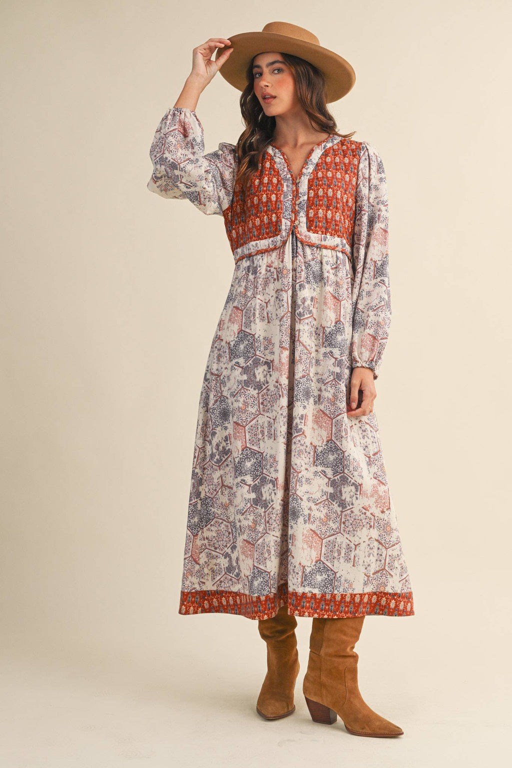 Mustard/Blue Quilted Vest Midi Length Dress
