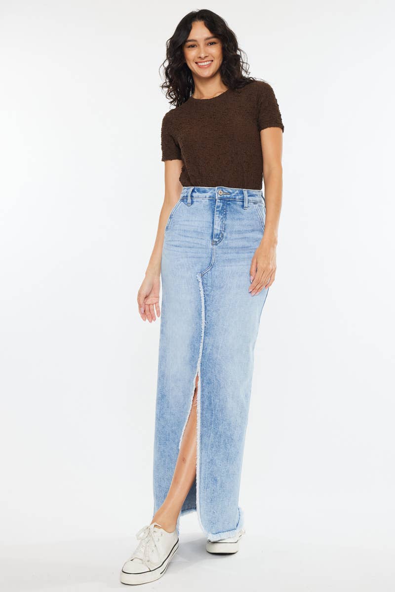 Medium Wash High Waisted Maxi Skirt with Front Slit - Kan Can
