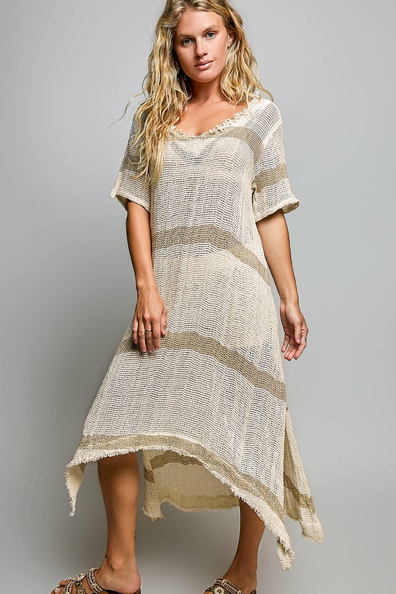 Stripe Pattern Short Sleeve Raw Edge Linen Long Dress