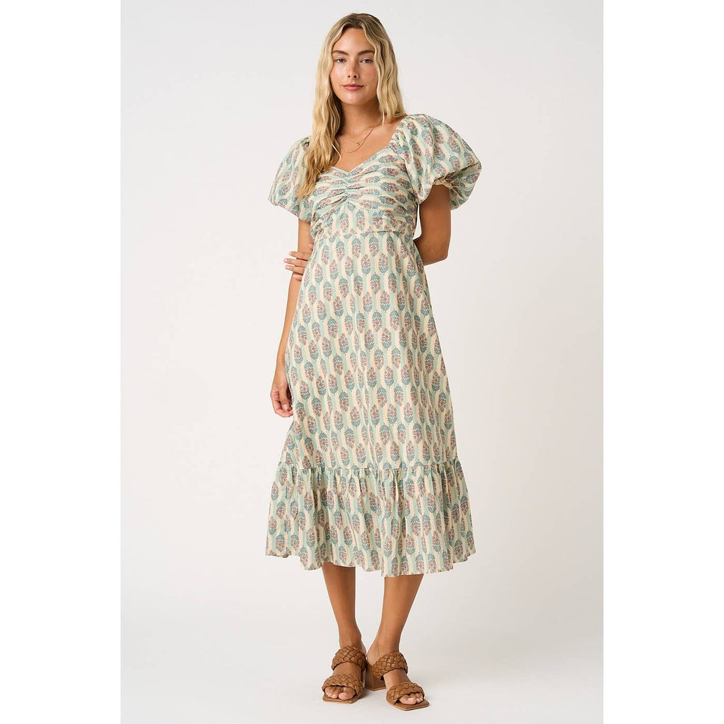Sage/Ivory Striped with Peach Floral Puff Sleeve Dress