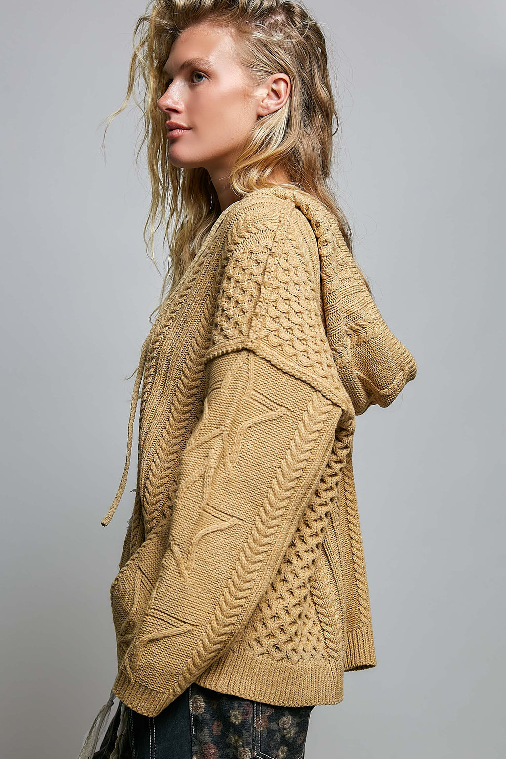 Mocha Star Lace Patch Hooded Acrylic Sweater Top
