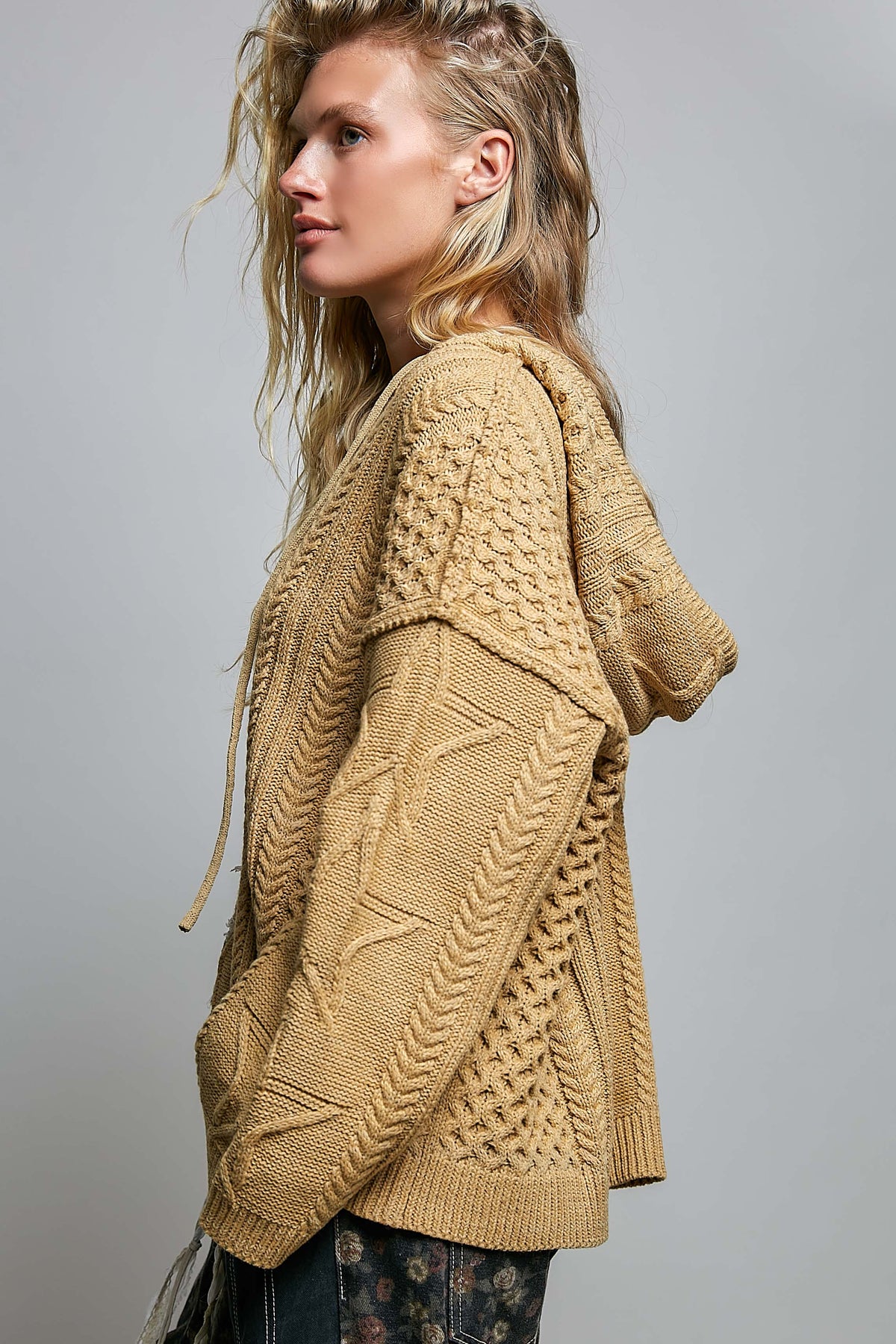 Mocha Star Lace Patch Hooded Acrylic Sweater Top