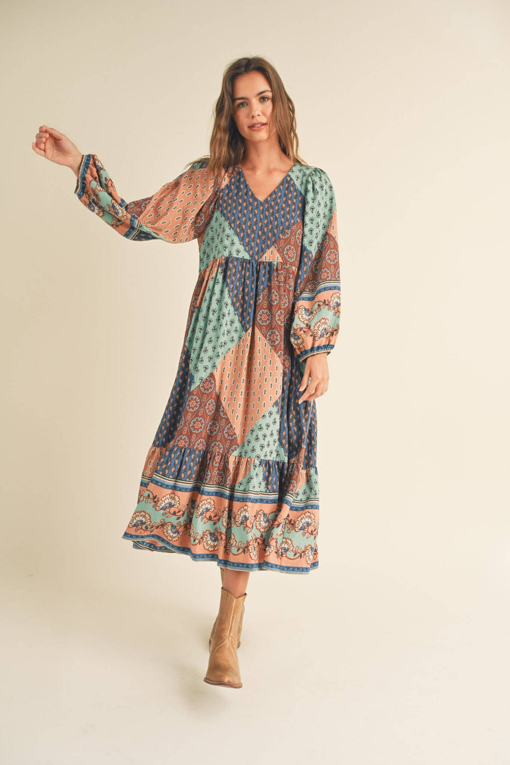 Rust Multi Color Printed Balloon Sleeve Mid Length Dress