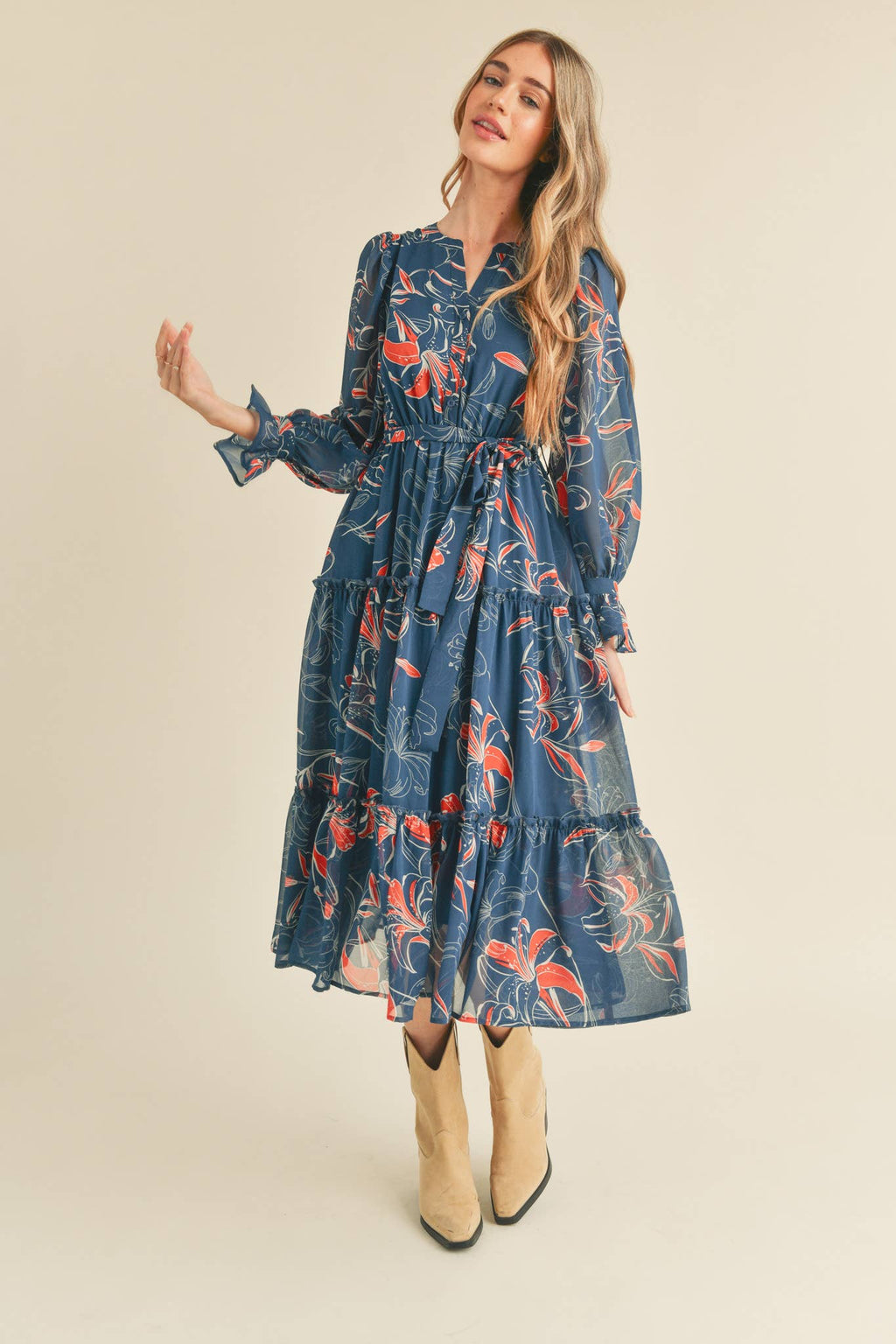 Teal Floral Button Down Ruffle Tiered Dress
