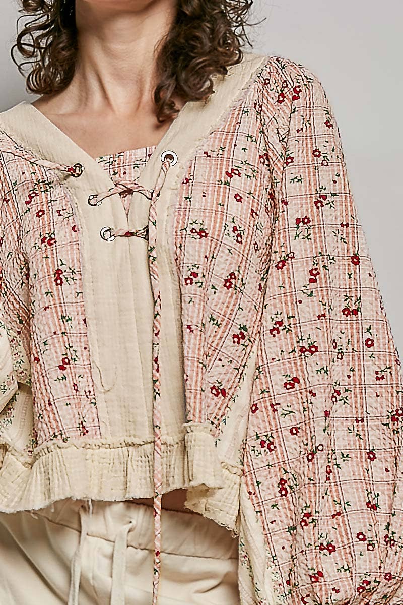 Beige/Peach Multi Color V Neck Balloon Sleeve Top