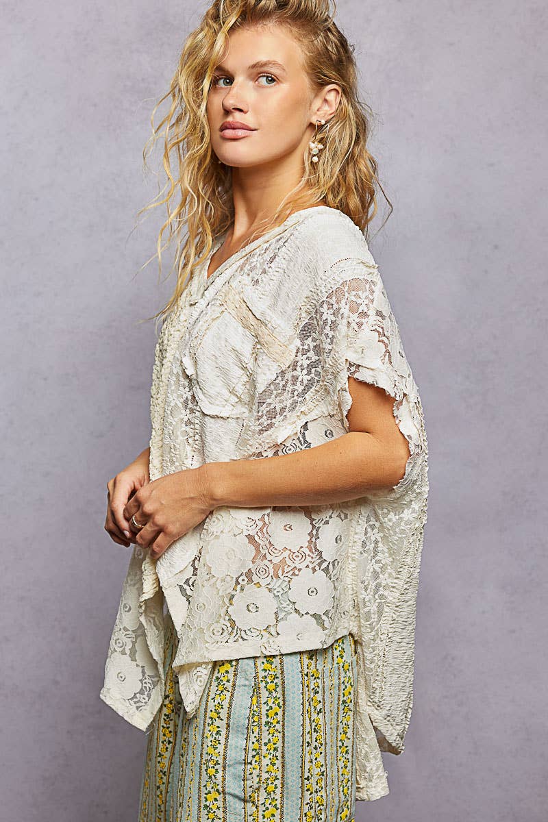 Lavender Patchwork Lace Oversized V-Neck Raw Edge Top