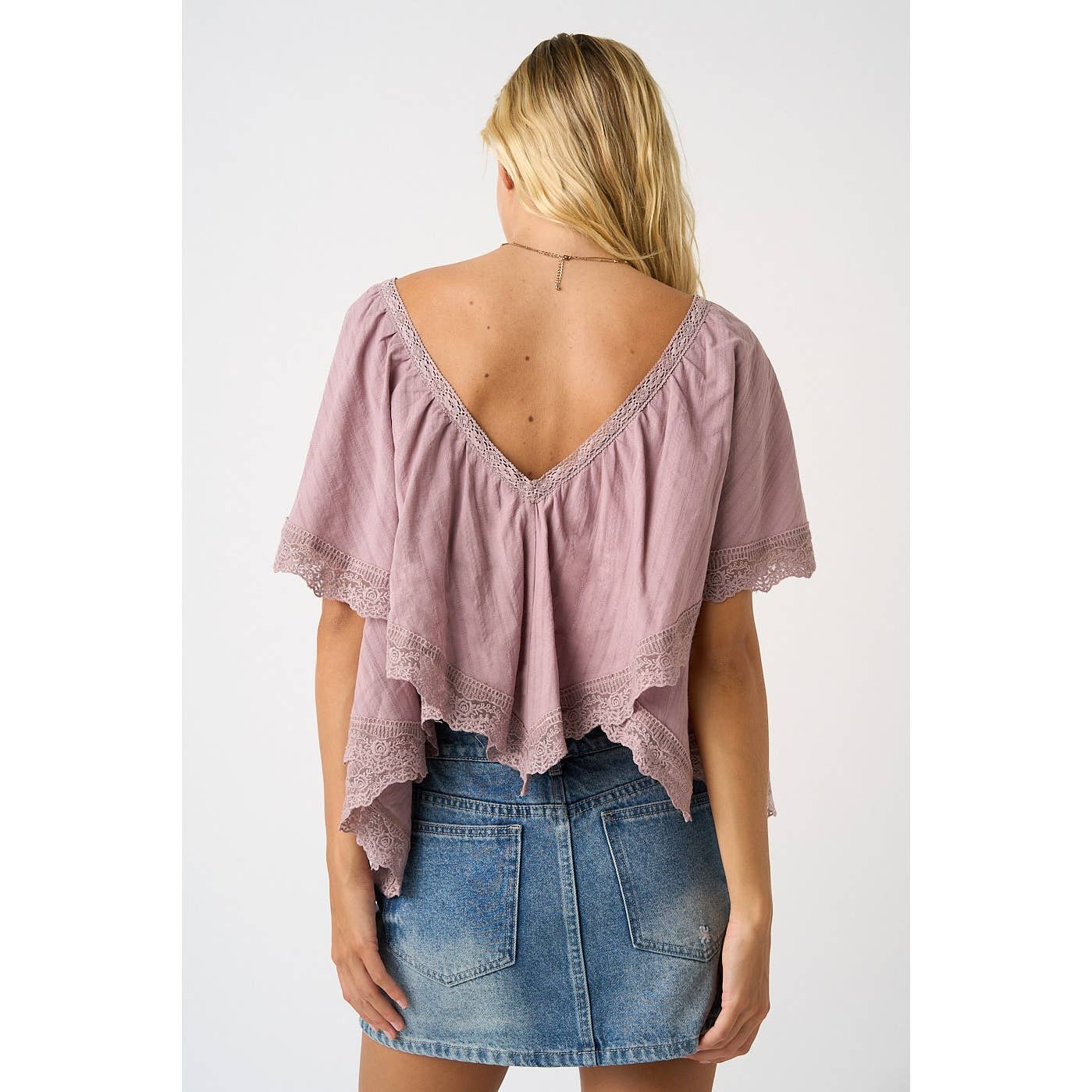 Mauve Lace Trim Flutter Top