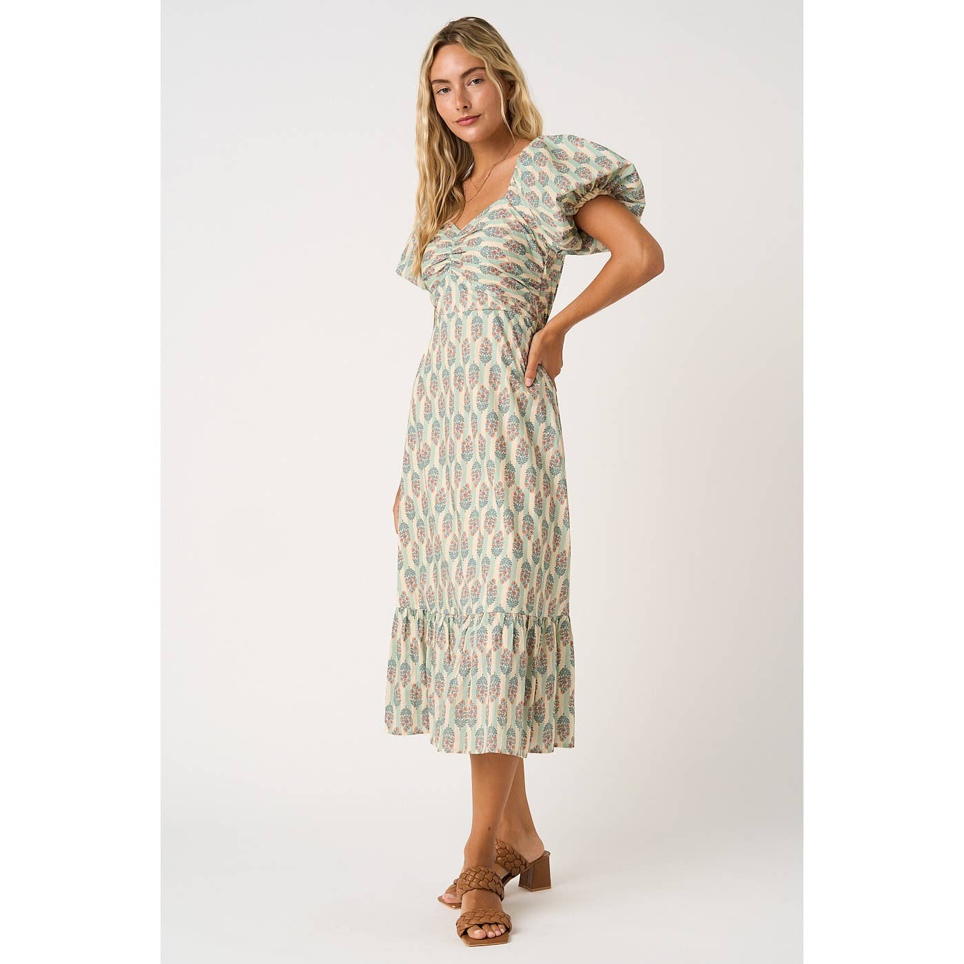 Sage/Ivory Striped with Peach Floral Puff Sleeve Dress