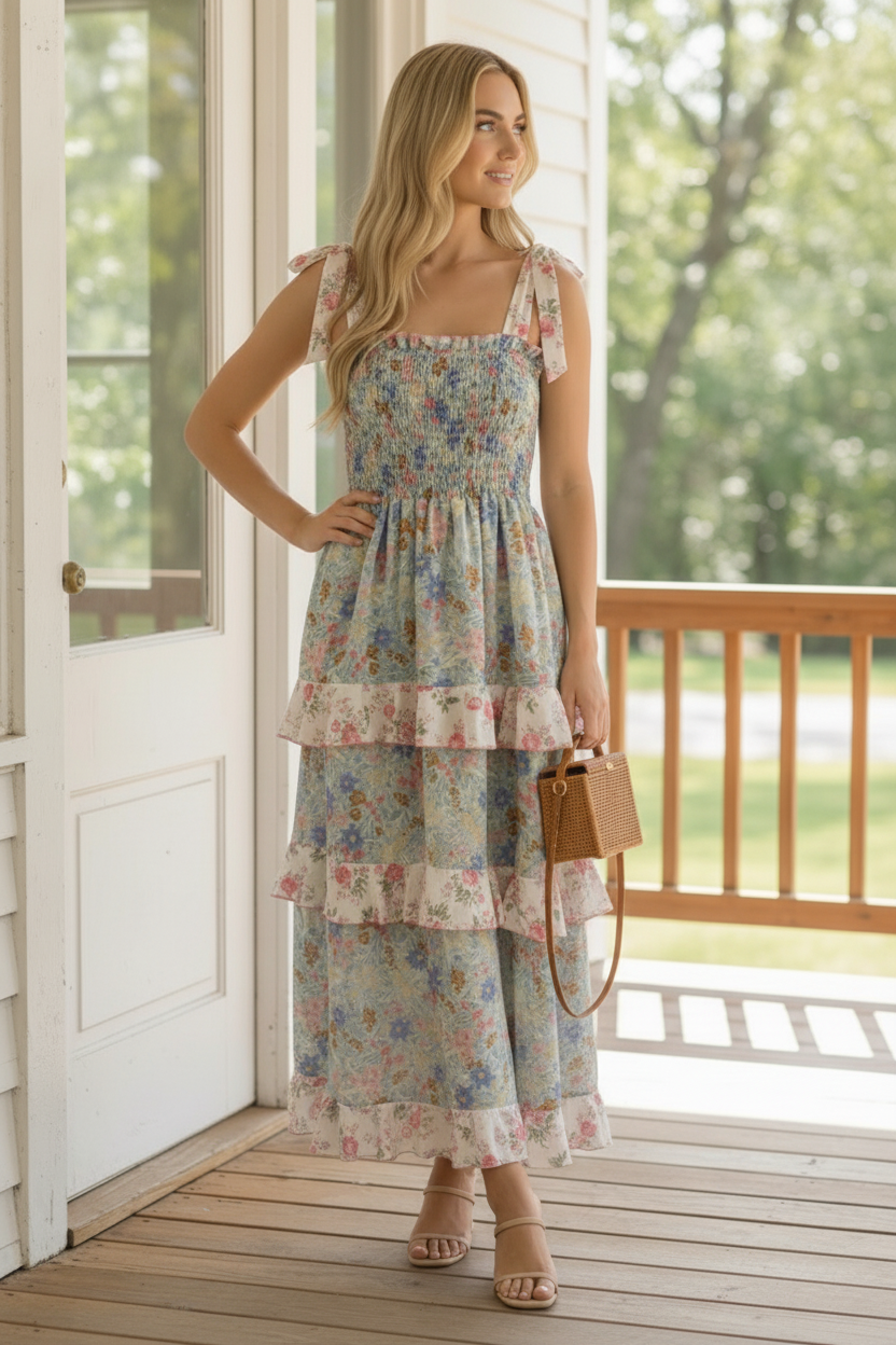 Plus Smocking Tube Color Block Floral Maxi Dress