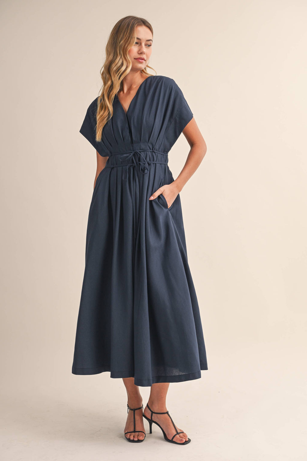 Navy Pleated Belt Mid Length Dress
