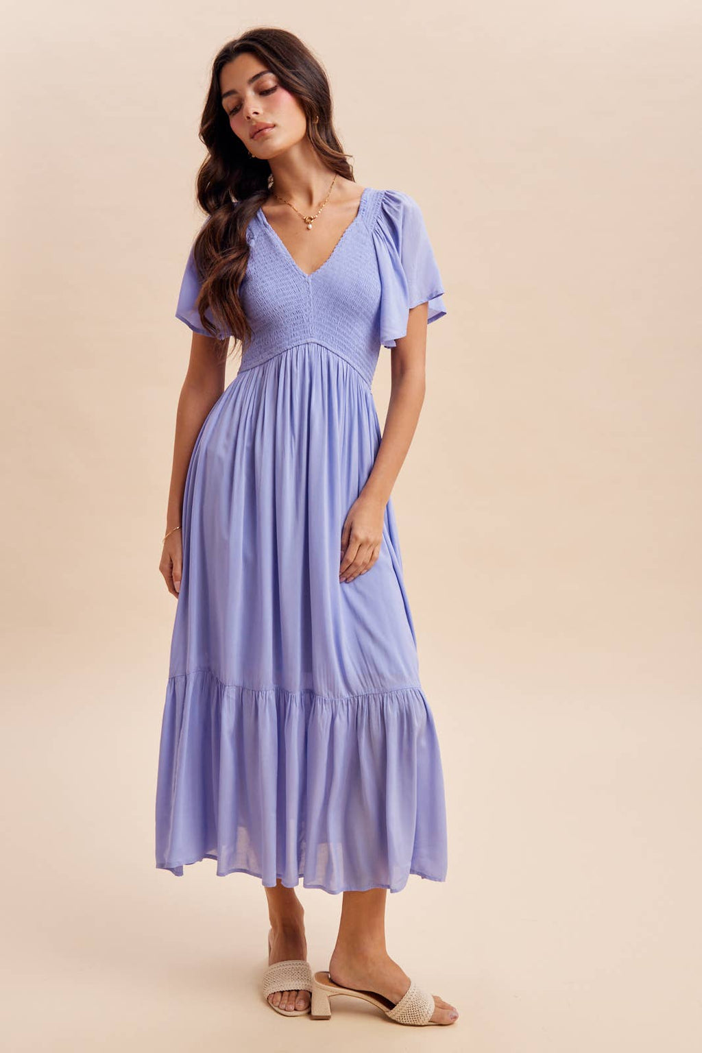 Blue Aura Modal Smocked Dress with Flowy Sleeves