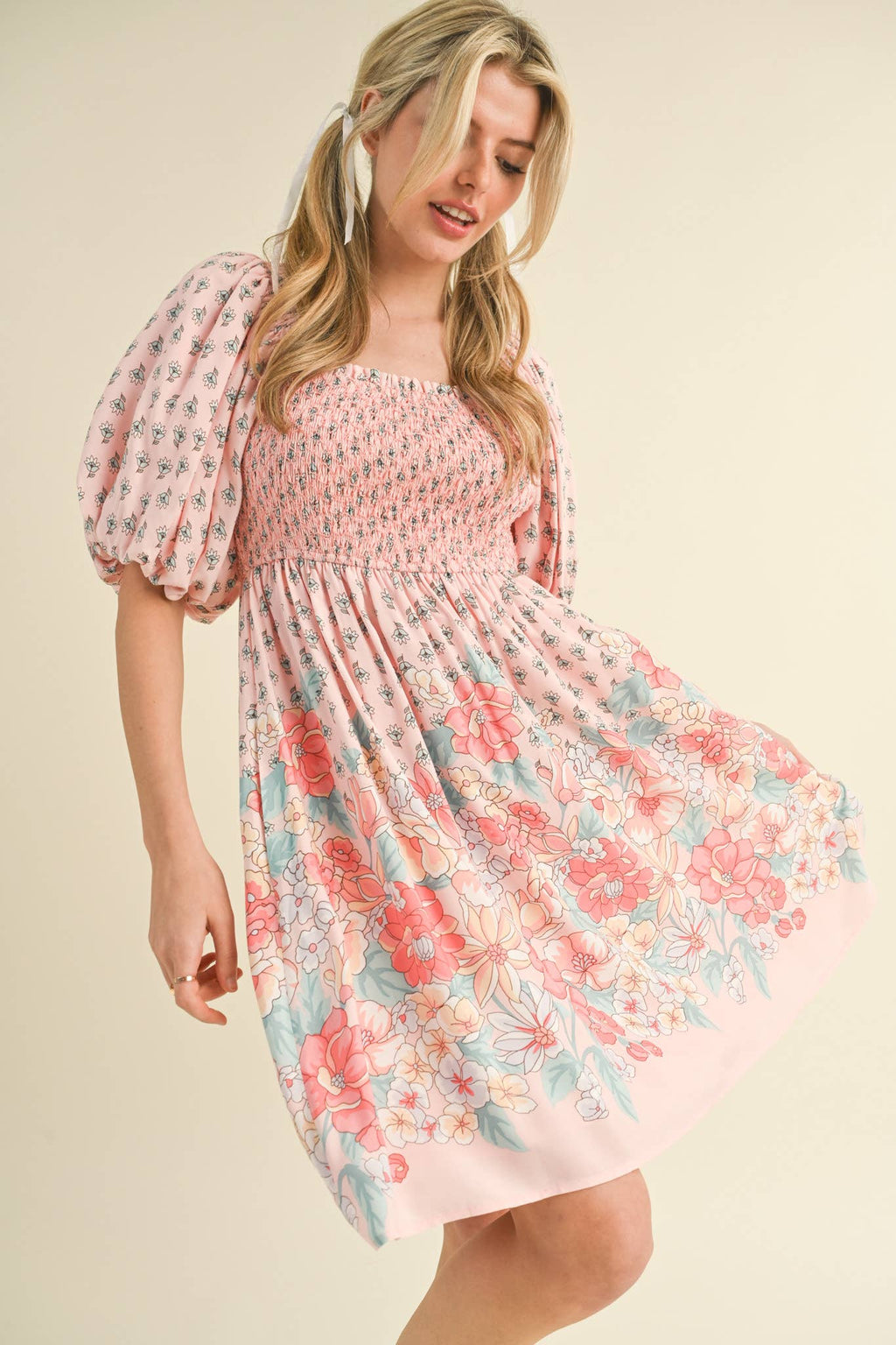 Pink/Peach Floral Smocked Knee Length Dress with Puff Sleeves
