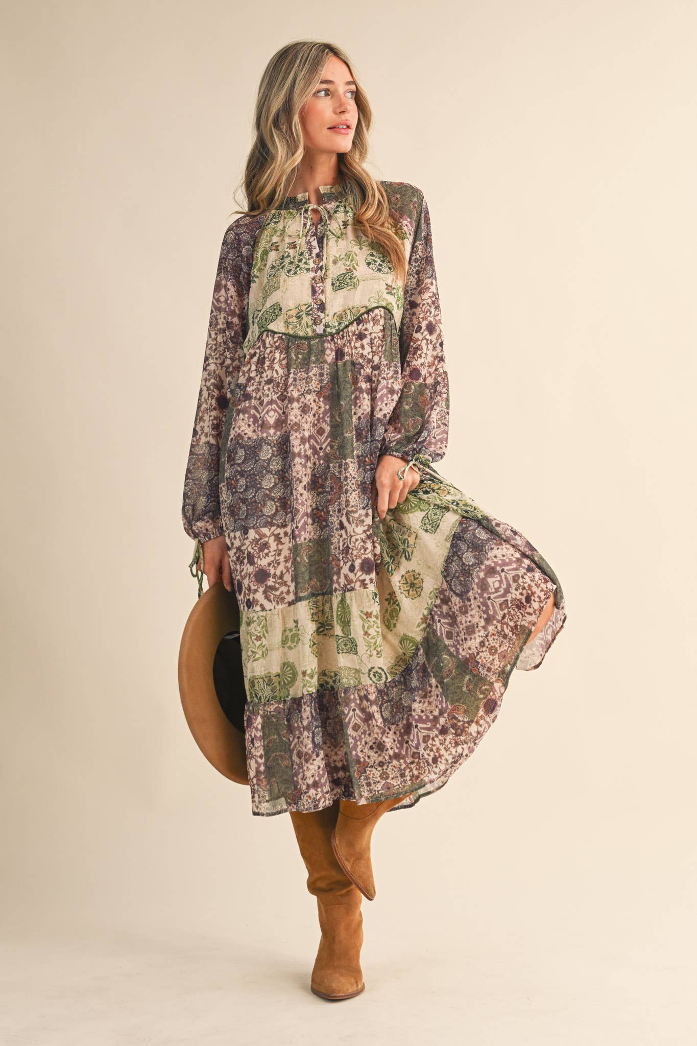 Olive Patchwork Mid Length Dress
