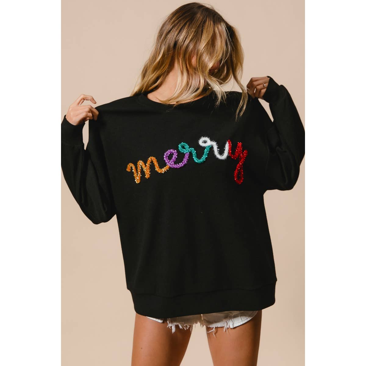 MERRY TINSEL LETTERING TWO TONE RIB PULLOVER