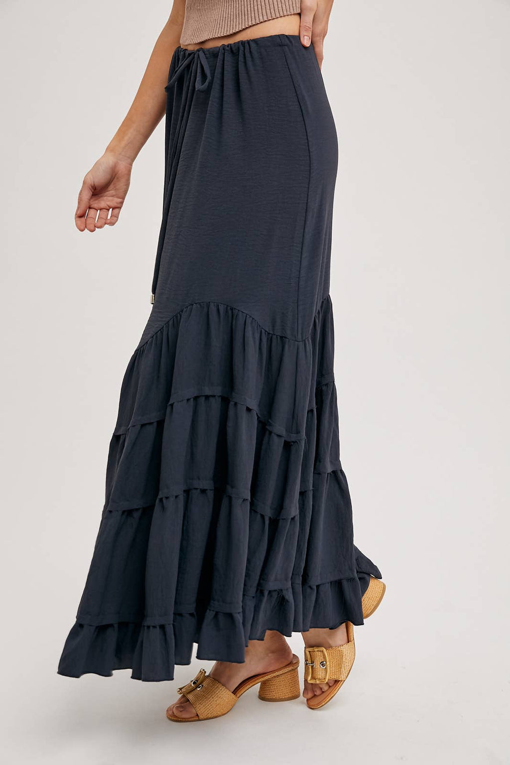 RUFFLED DRAWSTRING WASIT MAXI SKIRT WITH LINING