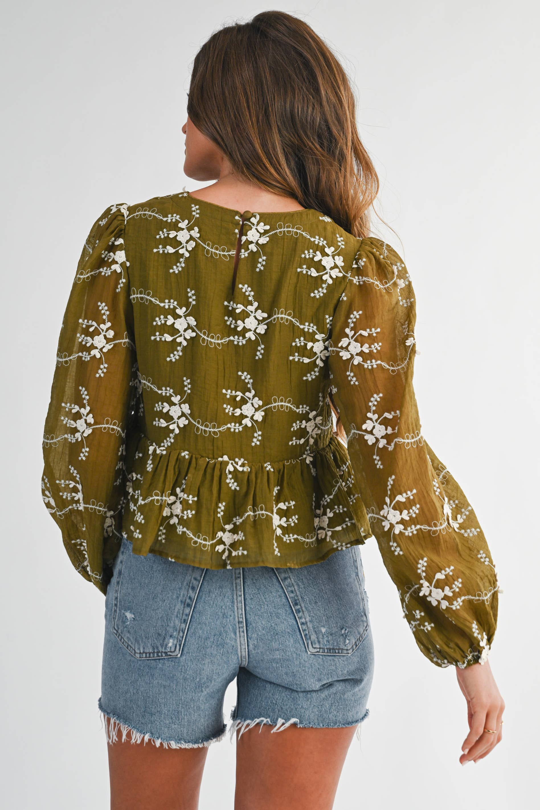 Olive Floral Tie Front Peplum