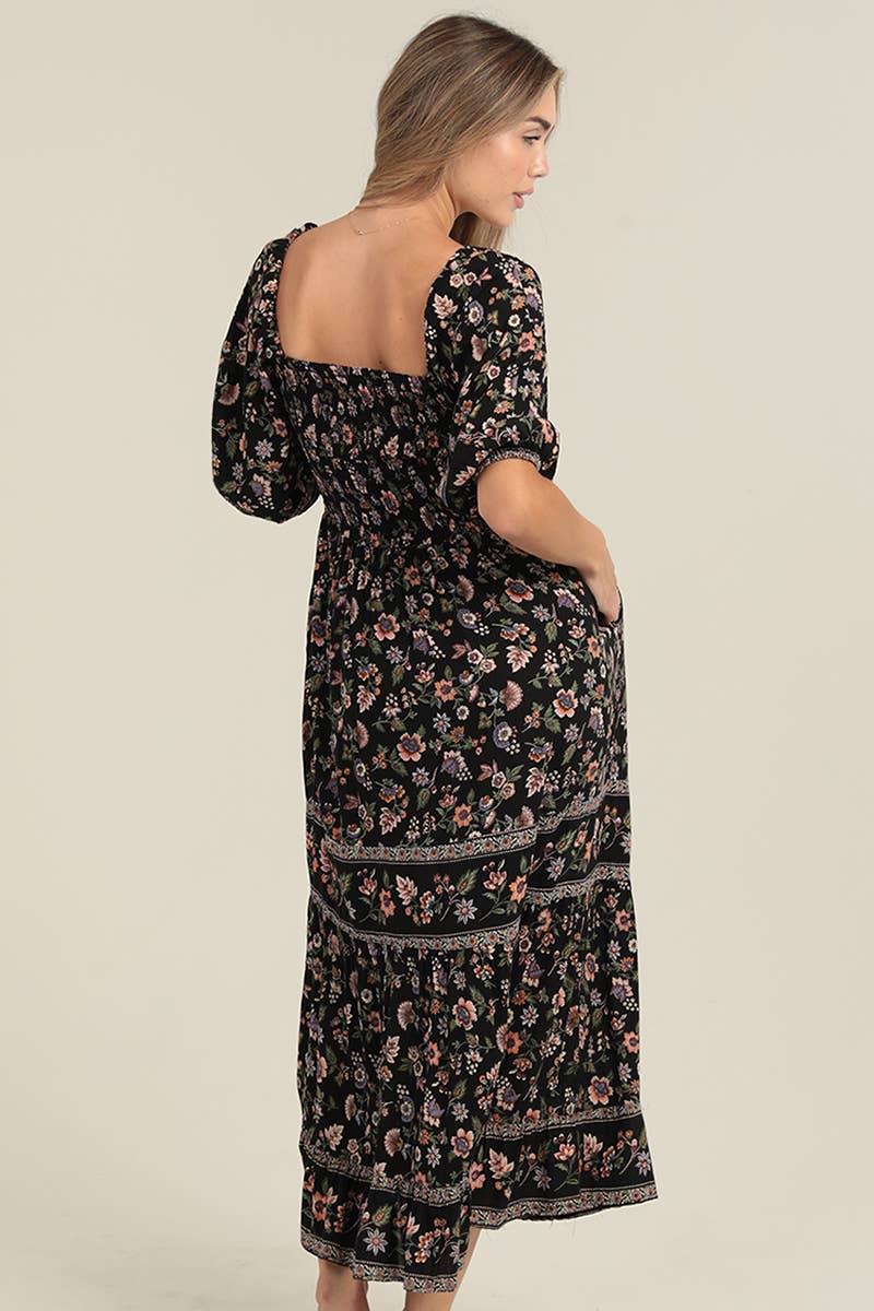 C4925-WB01 PUFF SLEEVE SMOCKED BODICE MID LENGTH DRESS