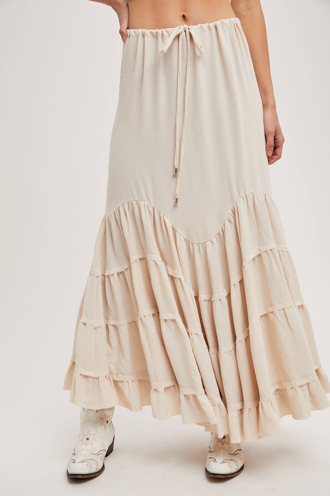 RUFFLED DRAWSTRING WASIT MAXI SKIRT WITH LINING