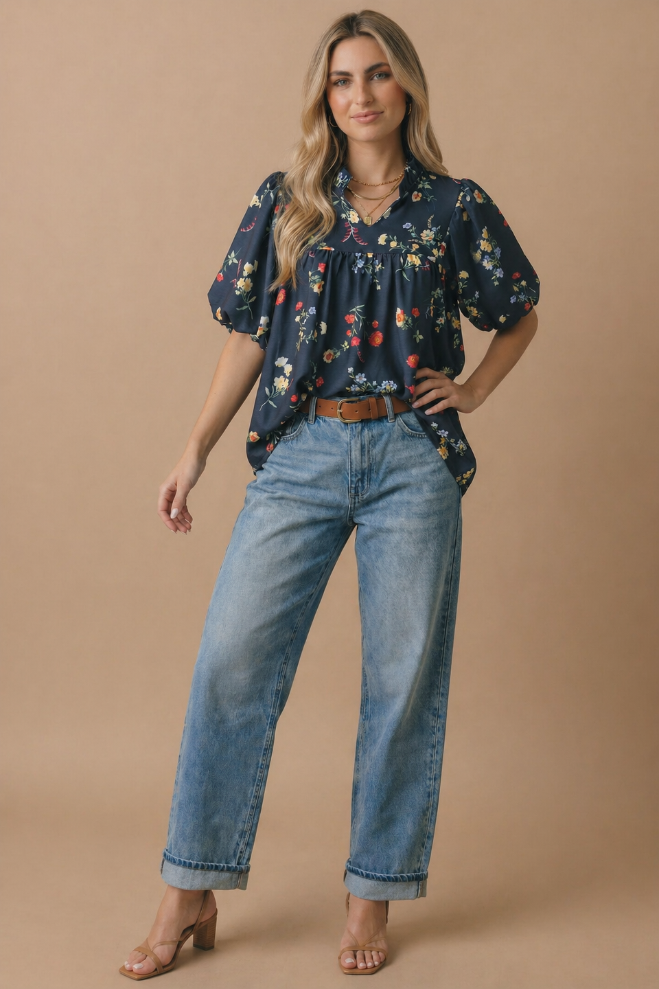 Plus Notch Neck Floral Empire Waist Woven Top