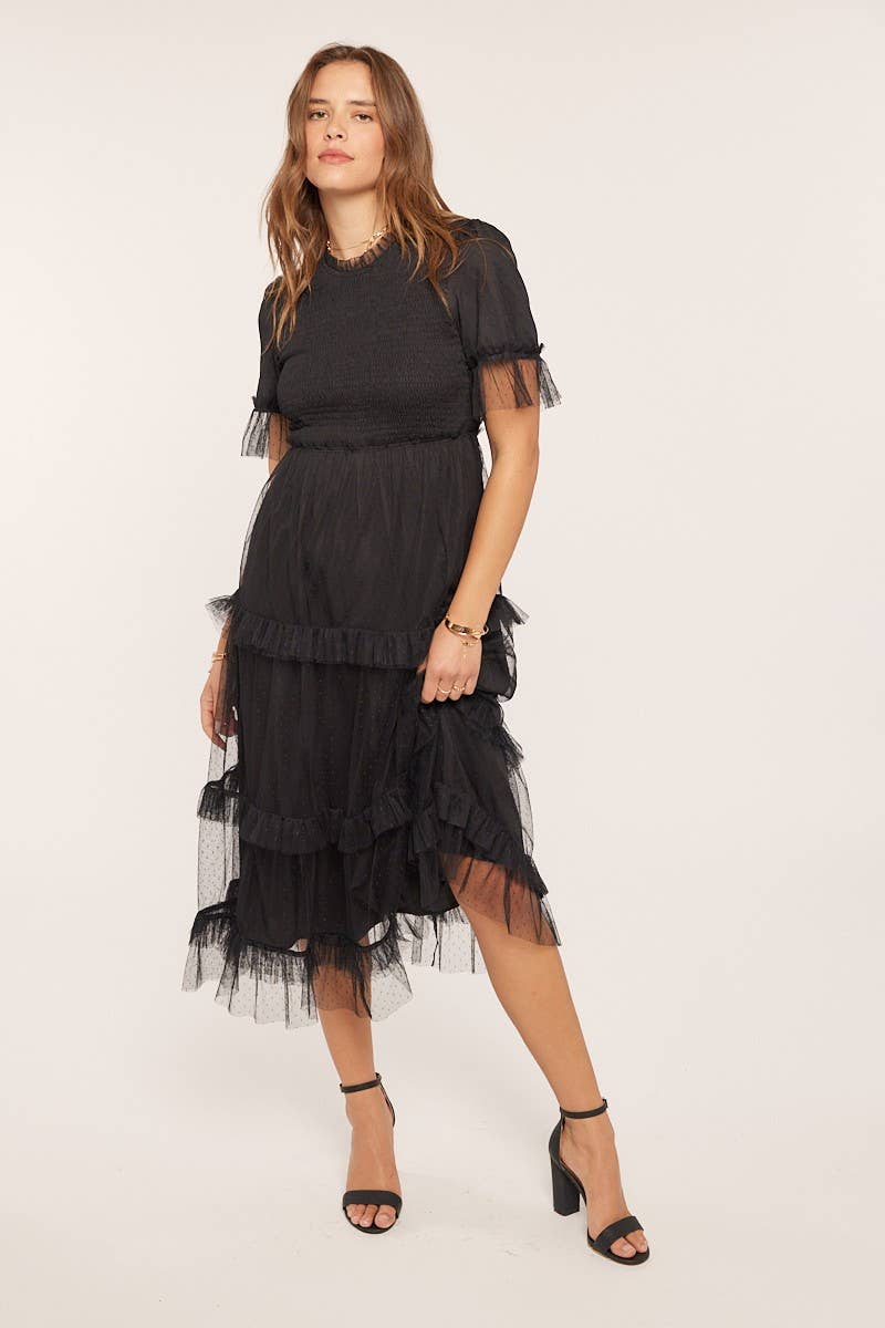 Dot Mesh Tiered Ruffle Midi Dress