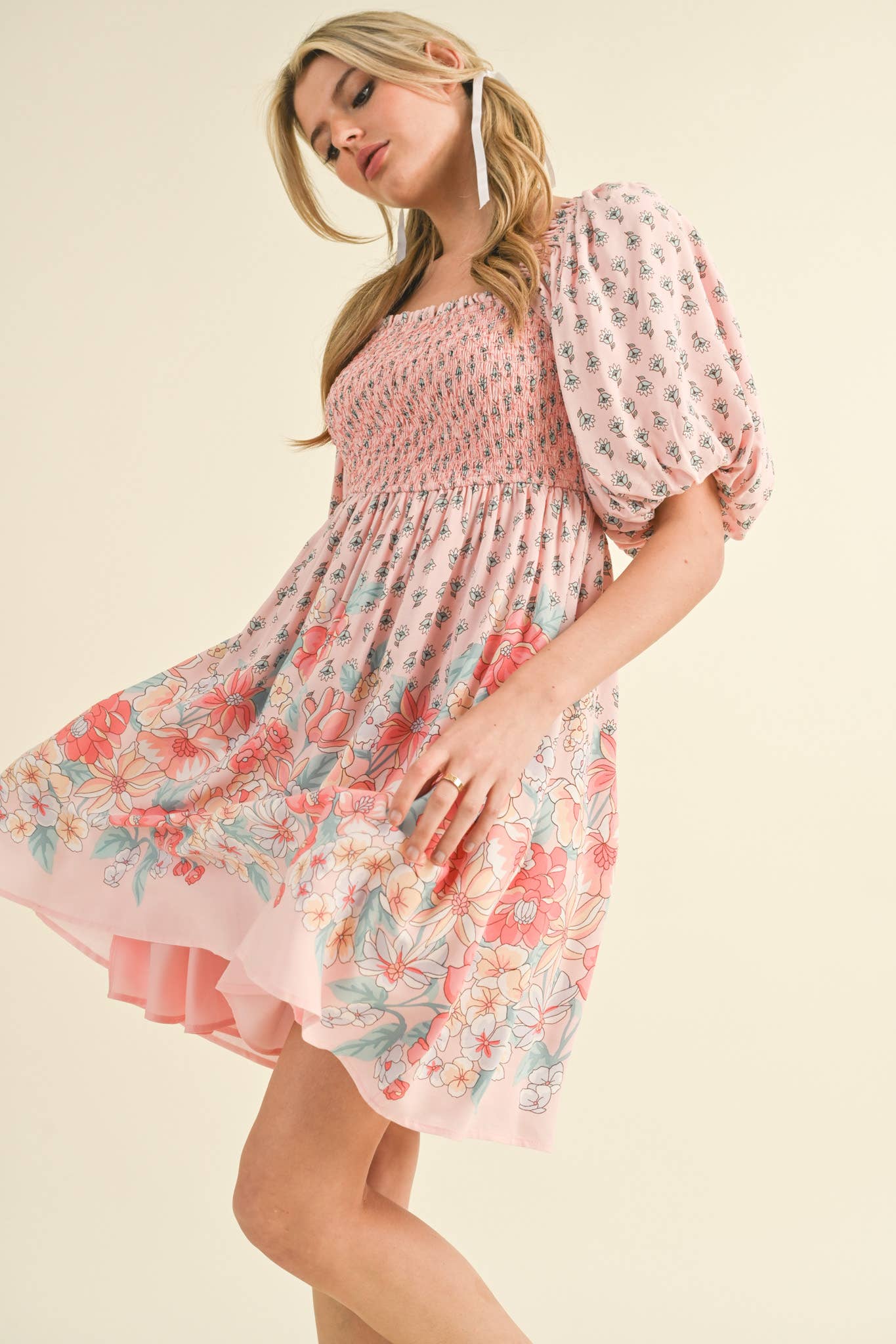 Pink/Peach Floral Smocked Knee Length Dress with Puff Sleeves
