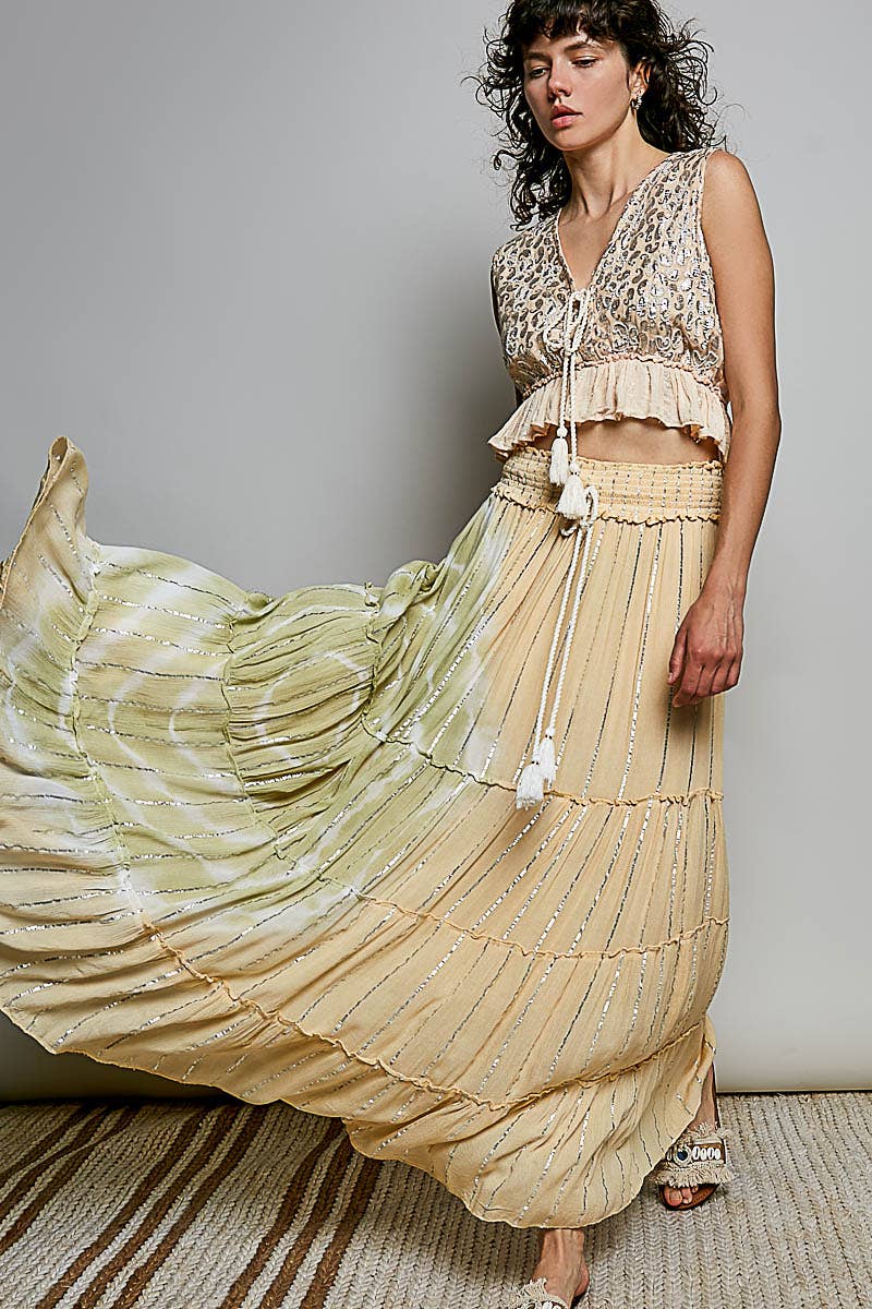 Coral/Olive Smocked Waist Tassel Tie Tiered Maxi Skirt