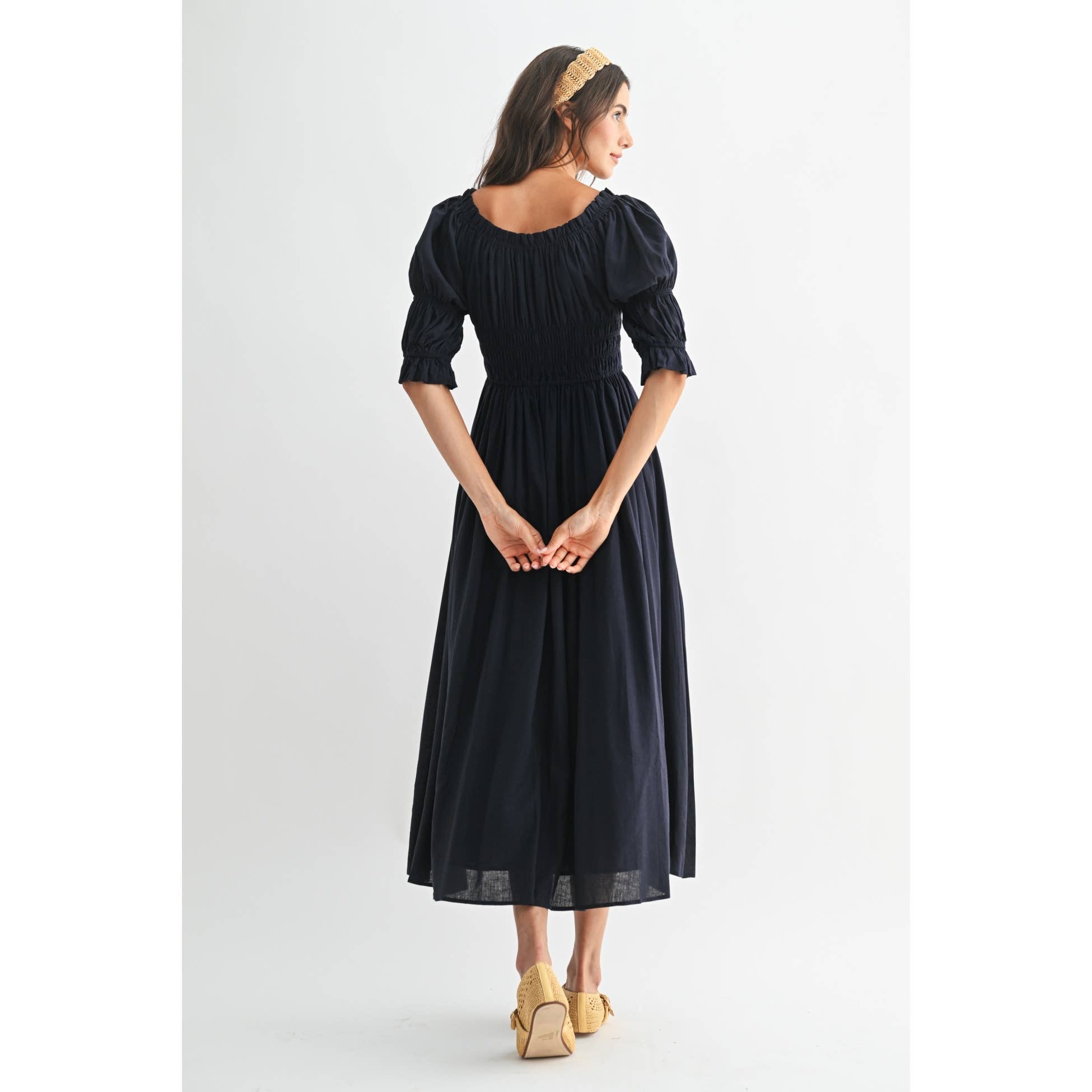 Navy Off or On Shoulder Pleated Maxi Dress