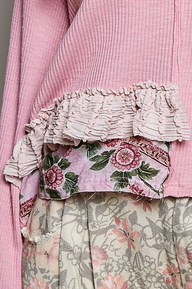 Floral Ruffle Trim Textured Ribbed Long Sleeve Knit Top